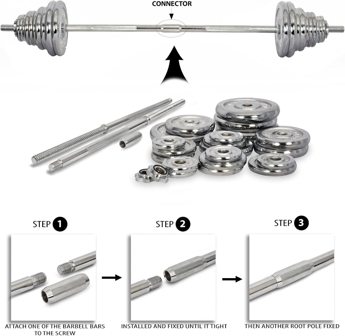 Fitness Adjustable Chrome Dumbbells & Barbell Set – 50 KG with Wheeled Storage Case | EM‑9227‑50 | Silver
