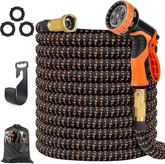 COOLBABY 100ft Expandable Water Garden Hose with 10 Function Nozzle,Leakproof Retractable Garden hosewith Brass Connectors for Car Washing Garden Plants Pets Shower Floor Cleaning,Black&Orange