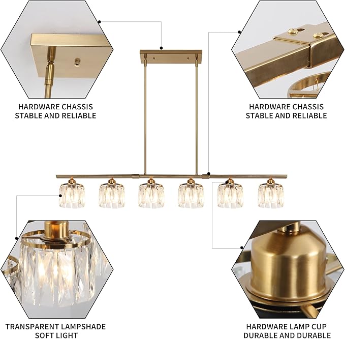 Modern Gold Crystal Island Chandelier: 6-Light Adjustable Linear Pendant for Dining, Kitchen, Bedroom - COOLBABY