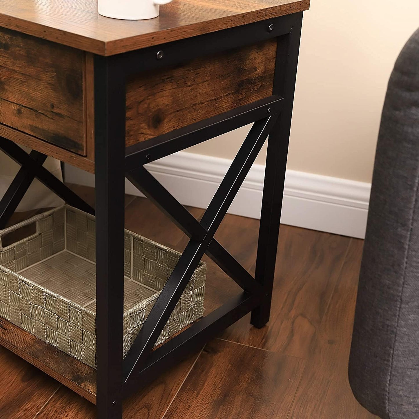 Ables Nightstand with Drawer and Storage Shelves – X-Design Bedside Table for Bedroom, Living Room, or Lounge - COOLBABY