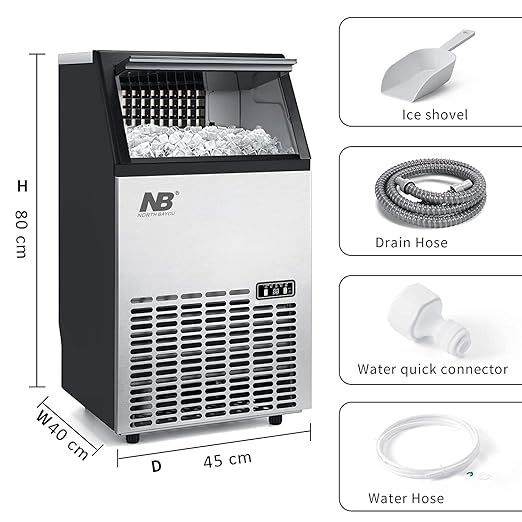 Commercial Ice Maker (45kg/24H, 15kg Storage, Stainless Steel) - Black & Silver