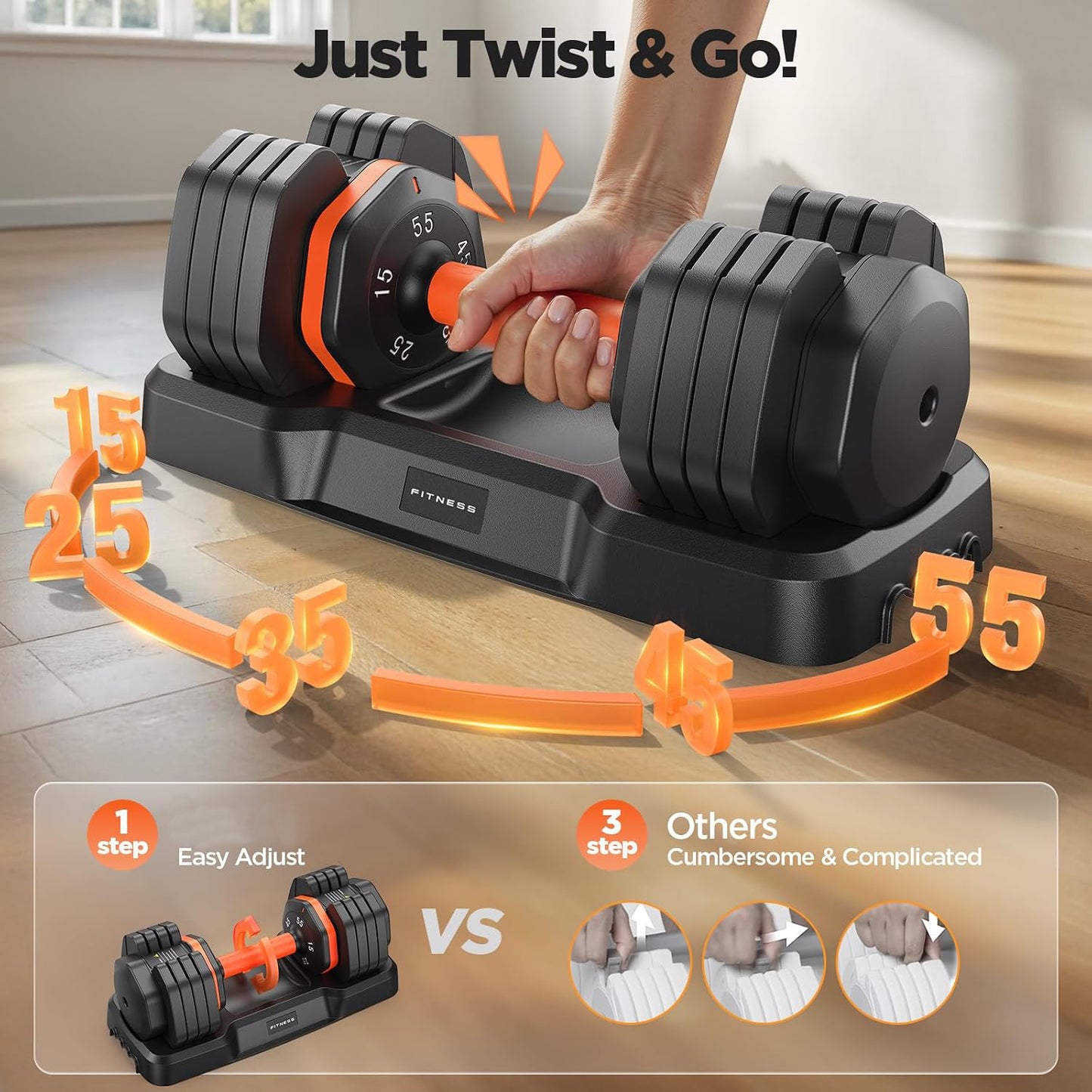 Updated Adjustable Dumbbell Set of 2, 55lb Weights Dumbbell with Storage Box,Adjustable Weights with Anti-slip Silicone Grip