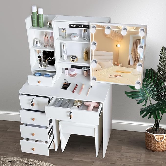 Makeup Vanity Desk with Lighted Mirror, Vanity Table Set with 6 Storage Shelf and 5 Drawers - COOLBABY