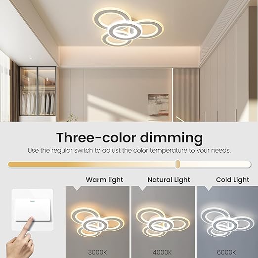 Modern LED Ceiling Light: White 3-Ring Flush Mount with 3-Color Dimming for Any Room - COOLBABY