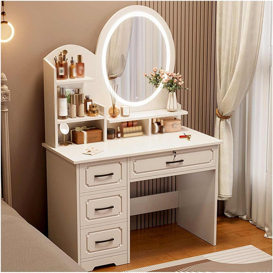 COOLBABY Table Set, Modern Makeup Vanity Table with Mirror, Dressing Table Vanity Desk with Drawers,for Bedroom, White