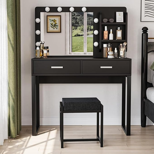 Vanity Desk with Mirror, With Chair and 10 LED Lights, with 2 Big Drawers and Side Shelves for Storage