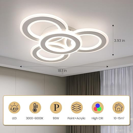 Modern LED Ceiling Light: White 3-Ring Flush Mount with 3-Color Dimming for Any Room - COOLBABY