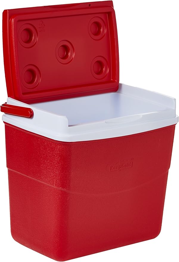 20L Plastic Picnic Cooler Icebox Lunchbox Red & White – Portable Insulated Cooler with 5-Day Ice Retention