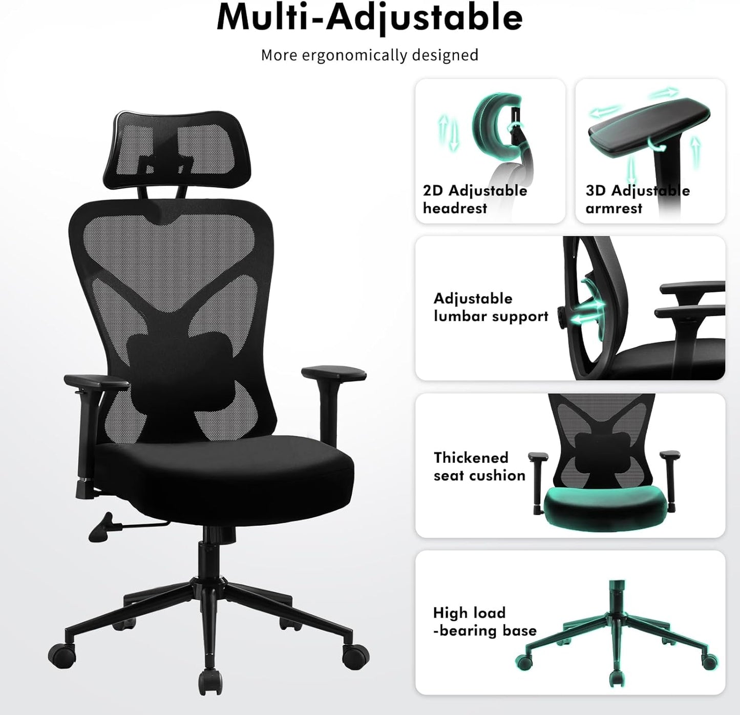 Big and Tall Office Chair 500 lbs – Ergonomic Desk Chair with Adjustable Lumbar Support, 2D Headrest, 3D Armrests, Extra Thick Cushion & Spring Seat (Black) - COOLBABY