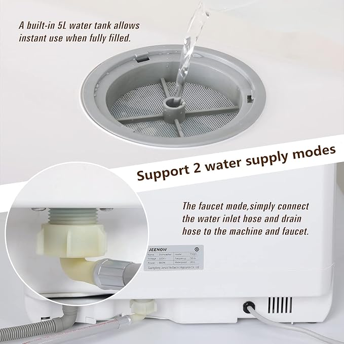 Mini Table Top Dishwasher Portable Countertop Dishwasher with 5 Programs, Built-in 5L Water Tank Dual Water Supply Modes with Touch Control, LED Display, Drying Cycle & Fruit Wash