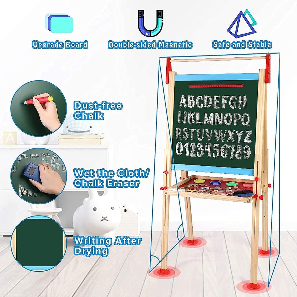 COOLBABY Kids Wooden Art Easel – Double-Sided Magnetic Whiteboard & Chalkboard with Adjustable Height, Paper Roll Holder, Letters & Numbers, Painting & Drawing Accessories - COOLBABY