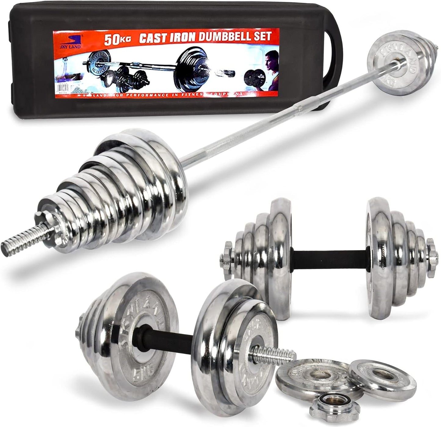Fitness Adjustable Chrome Dumbbells & Barbell Set – 50 KG with Wheeled Storage Case | EM‑9227‑50 | Silver