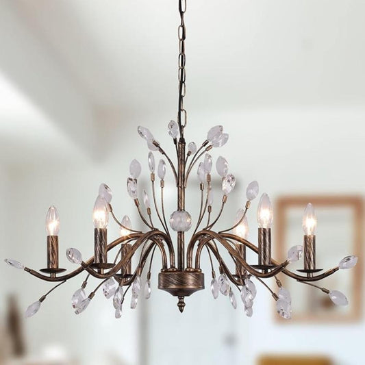 Bronze Farmhouse Crystal Chandelier: 6-Light Rustic Pendant with Crystal Branches for Vintage Décor - COOLBABY