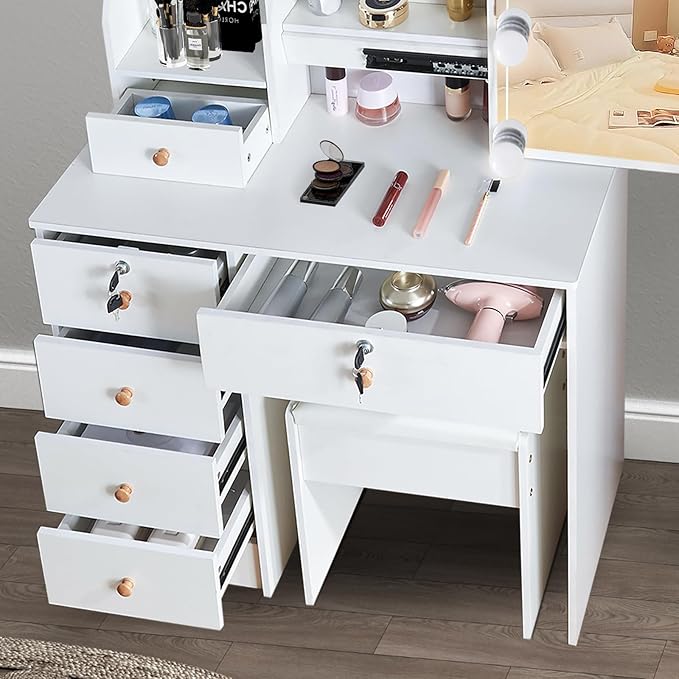 Makeup Vanity Desk with Lighted Mirror, Vanity Table Set with 6 Storage Shelf and 5 Drawers - COOLBABY