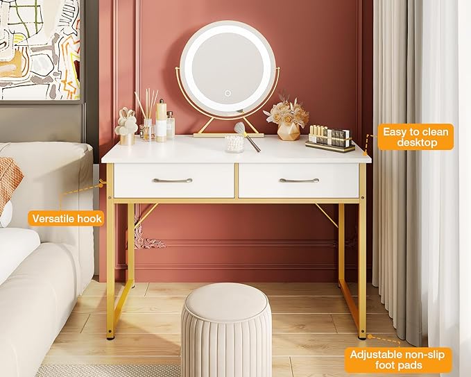 Vanity Desk Without Mirror, Makeup Vanity with 2 Fabric Drawers, White With Gold Legs - COOLBABY