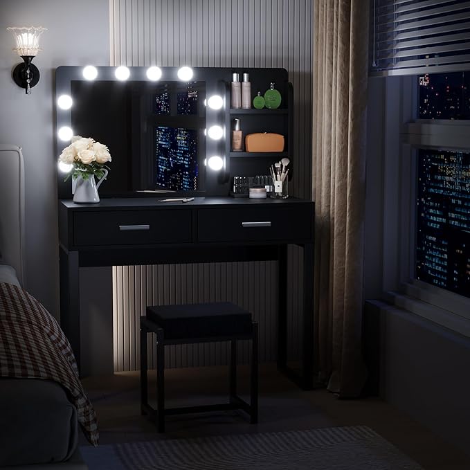 Vanity Desk with Mirror, With Chair and 10 LED Lights, with 2 Big Drawers and Side Shelves for Storage - COOLBABY