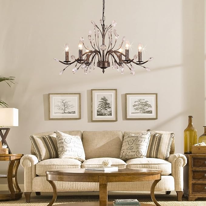 Bronze Farmhouse Crystal Chandelier: 6-Light Rustic Pendant with Crystal Branches for Vintage Décor - COOLBABY