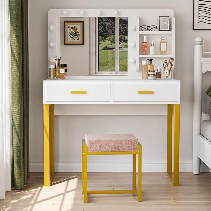 Vanity Desk with Mirror, With Chair and 10 LED Lights, with 2 Big Drawers and Side Shelves for Storage - COOLBABY