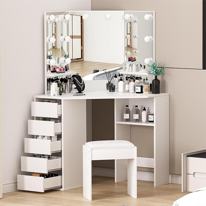 Vanity Desk with Mirror and Lights, Large Dressing Tables with Charging, 5 Drawers, Shelves and Vanity Stool - COOLBABY