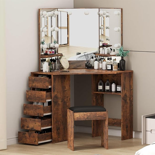 Vanity Desk with Mirror and Lights, Large Dressing Tables with Charging, 5 Drawers, Shelves and Vanity Stool - COOLBABY