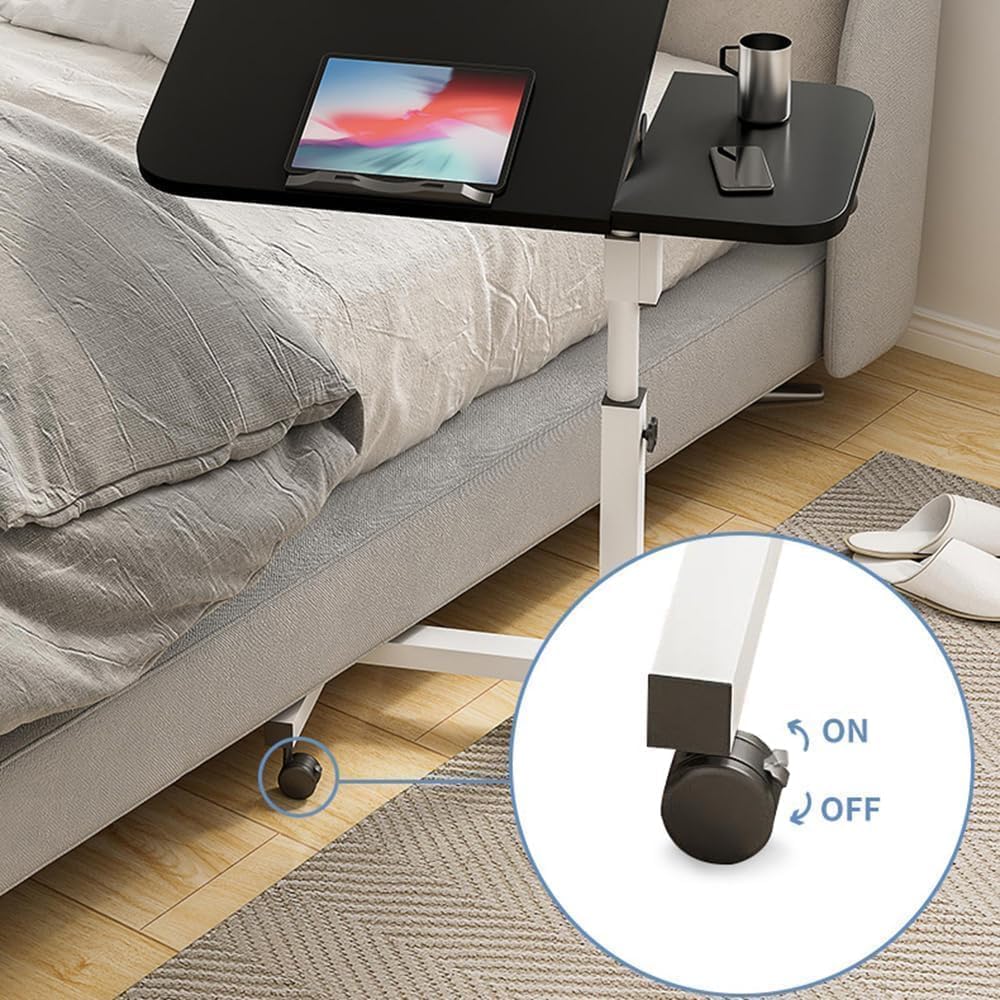 COOLBABY Adjustable Laptop Desk Table, 360° Rotating Top, 60-95cm Height, Mobile Bedside Table with Wheels, Black - COOLBABY