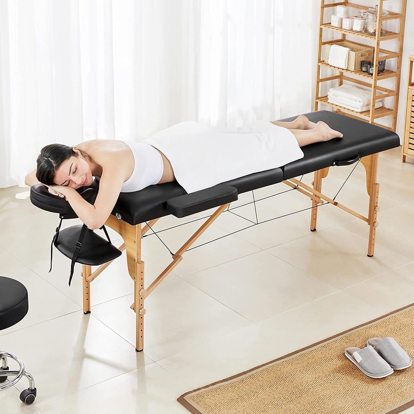 Portable Massage Table Professional Adjustable Folding Bed with 2-part Wooden Frame Ergonomic Headrest and Tote Bag for Therapeutic Tattoo Salon SPA Facial Treatment 80cm wide