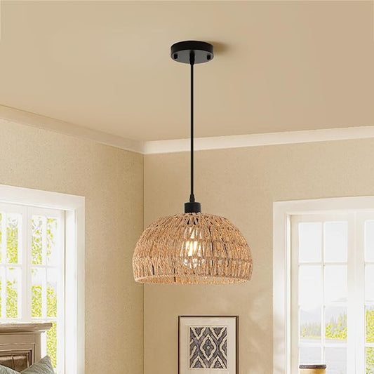 Vintage Rattan Hanging Lamp: Rustic Braided Basket Ceiling Light for Kitchen, Bedroom - COOLBABY