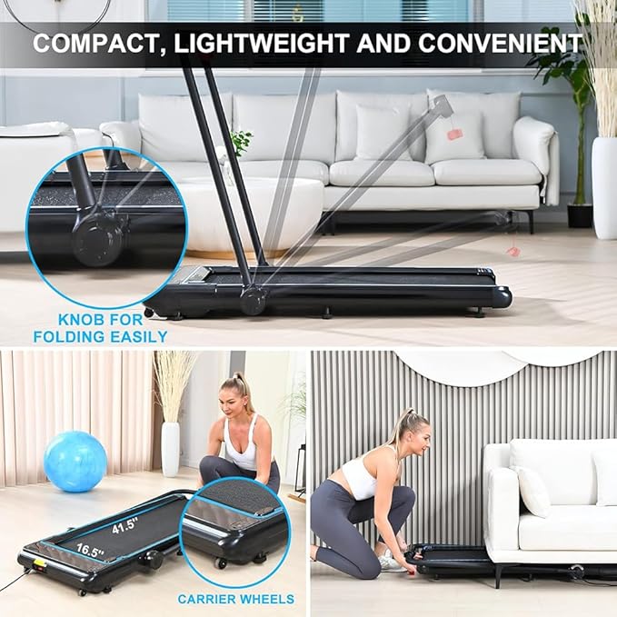 Folding Treadmill, 2 in 1 Under Desk Treadmill with Bluetooth Audio for Office, Home, Adjustable Speeds - COOLBABY