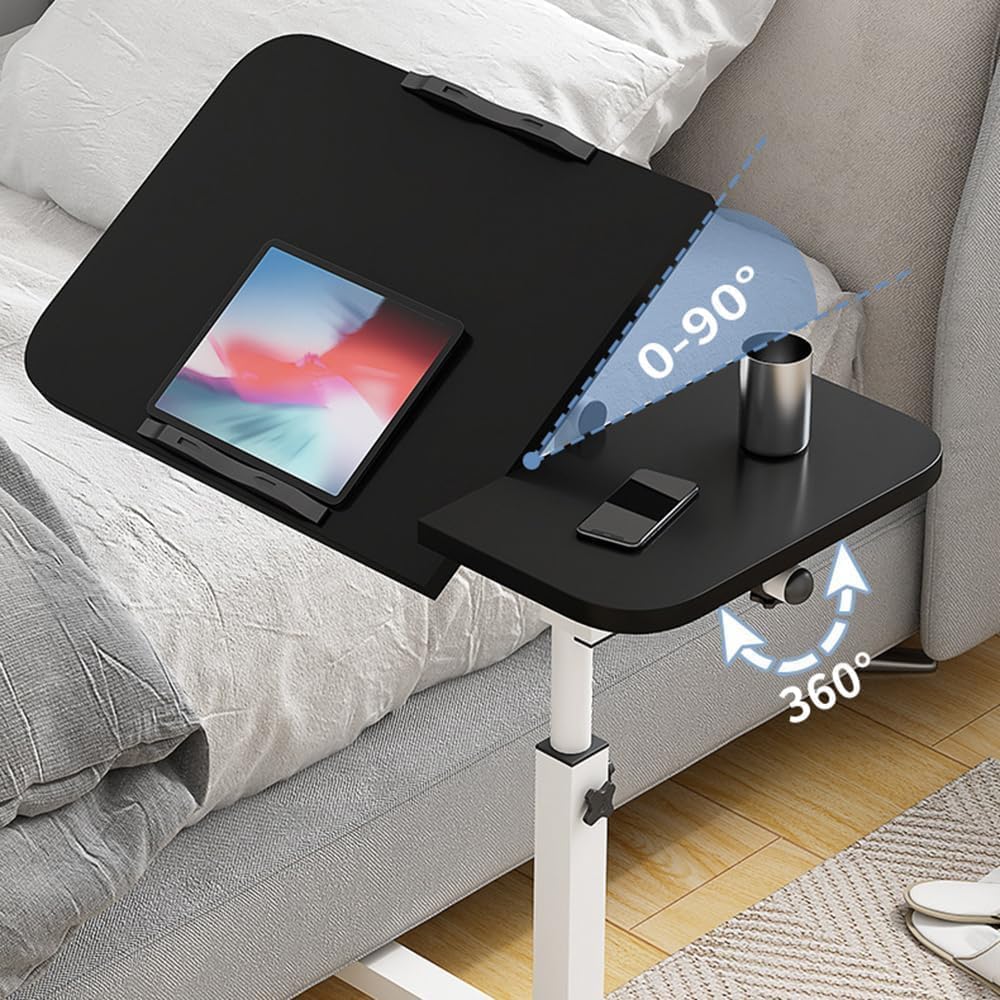 COOLBABY Adjustable Laptop Desk Table, 360° Rotating Top, 60-95cm Height, Mobile Bedside Table with Wheels, Black - COOLBABY