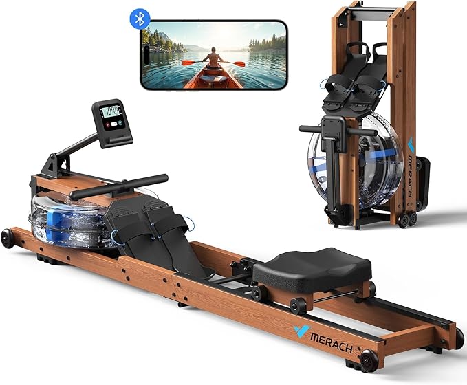 Foldable Water Rowing Machine | Wooden Home Gym Rower with App & LCD Monitor