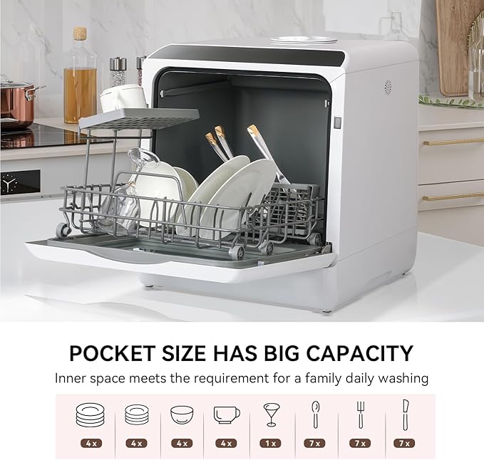 Mini Table Top Dishwasher Portable Countertop Dishwasher with 5 Programs, Built-in 5L Water Tank Dual Water Supply Modes with Touch Control, LED Display, Drying Cycle & Fruit Wash