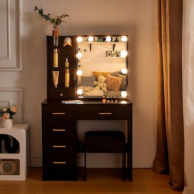 Dressing Table with LED Lights, Vanity Table with Adjustable Brightness Mirror - COOLBABY