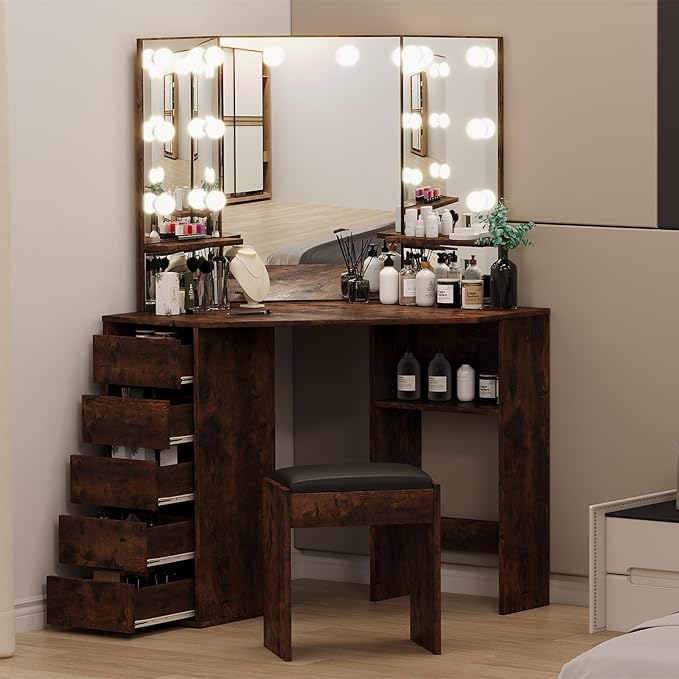 Vanity Desk with Mirror and Lights, Large Dressing Tables with Charging, 5 Drawers, Shelves and Vanity Stool - COOLBABY