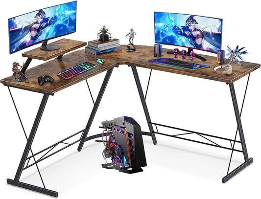 COOLBABY L Shaped Gaming Desk, Home Office Desk With Round Corner and Shelf, Computer Desk With Large Monitor Stand Desk,Sturdy Writing Workstation,Gaming Desk with Shelf-Tiger Wood - COOLBABY