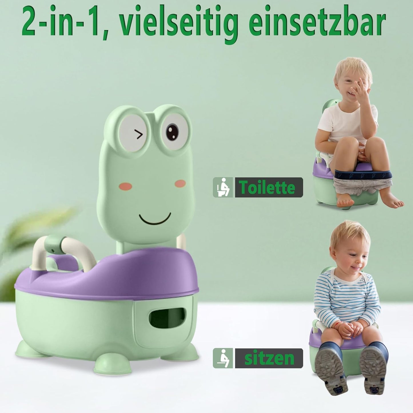 Aufun Kids Potty, Baby Toilet Seat, Baby Potty, Toilet Trainer with Handles for Toddlers, Soft PU Cushion, Baby Pot, Anti-Splash Protection, First Toilet, Cartoon Lid (Green) - COOLBABY