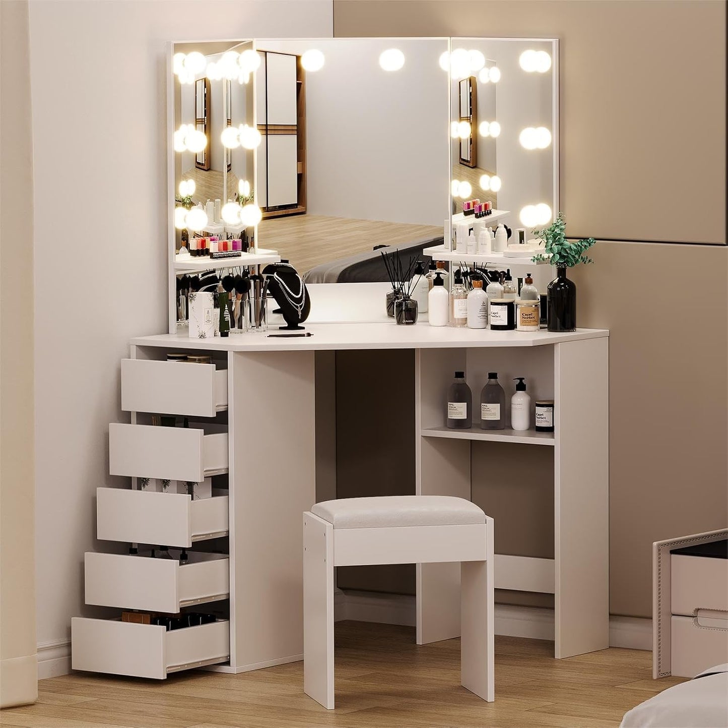 Vanity Desk with Mirror and Lights, Large Dressing Tables with Charging, 5 Drawers, Shelves and Vanity Stool - COOLBABY