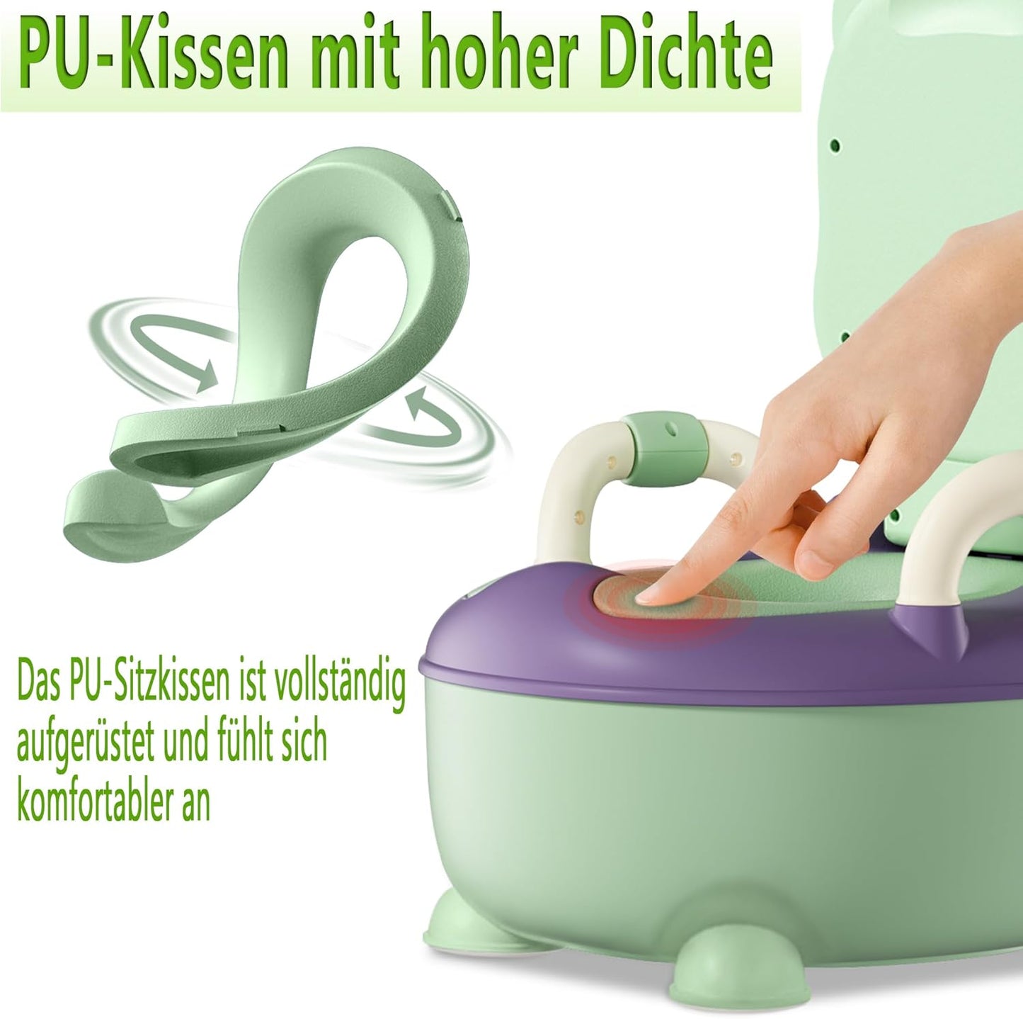 Aufun Kids Potty, Baby Toilet Seat, Baby Potty, Toilet Trainer with Handles for Toddlers, Soft PU Cushion, Baby Pot, Anti-Splash Protection, First Toilet, Cartoon Lid (Green) - COOLBABY