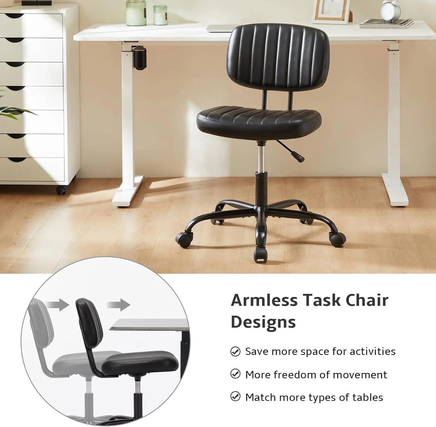 Armless Home Office Desk Chair with Wheels, Ergonomic PU Leather Task Chair, Height Adjustable, 360° Swivel, Lumbar Support - Black