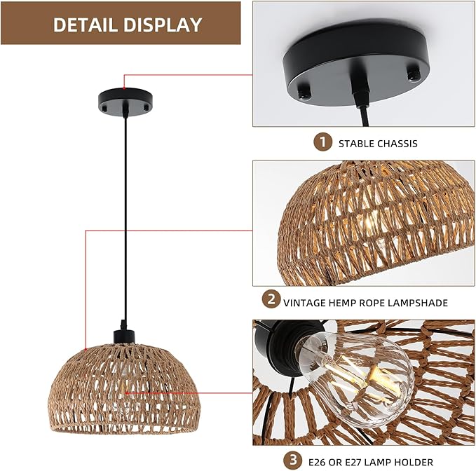 Vintage Rattan Hanging Lamp: Rustic Braided Basket Ceiling Light for Kitchen, Bedroom - COOLBABY