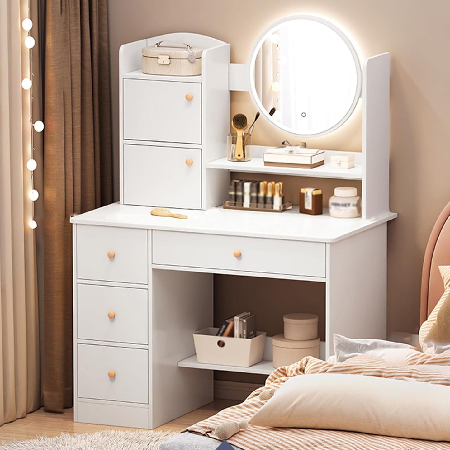 COOLBABY Vanity Set for Bedroom, Dresser with Led Lights, Makeup Vanity with Drawers,for Bedroom(White)