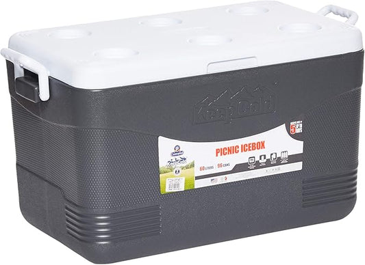 60L Plastic Picnic Cooler Icebox Cool Grey – Insulated Cooler Box with 6-Day Ice Retention & Leakproof Drain Tap