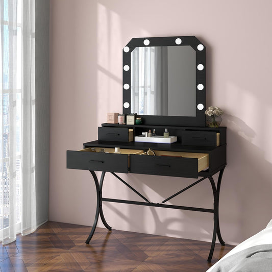 Vanity Table with Lighted Mirror, Modern Makeup Vanity Table with 10 Lights Makeup Desk 4 drawer Storage - COOLBABY