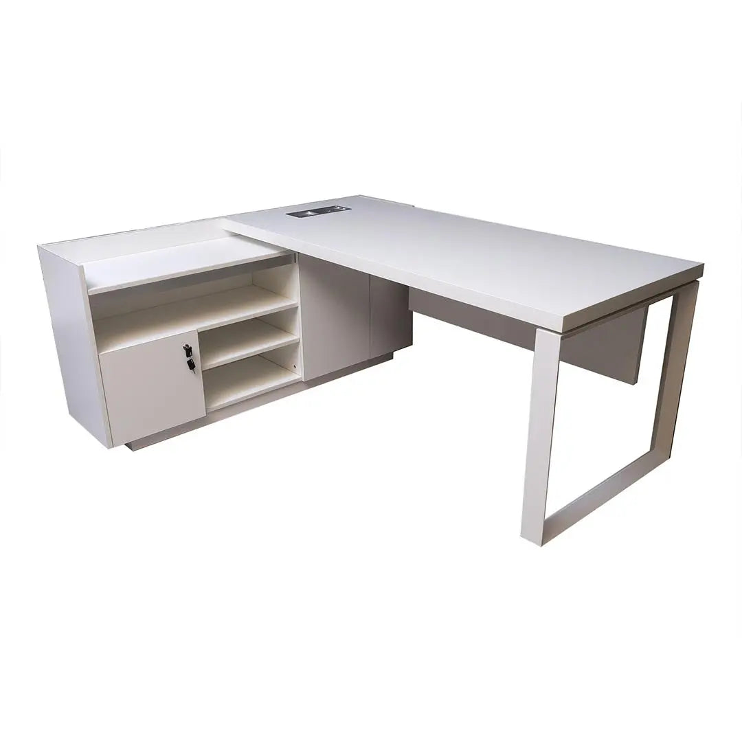 720-T03 Office Table with Side Storage Cabinet | Matt White Executive Workstation