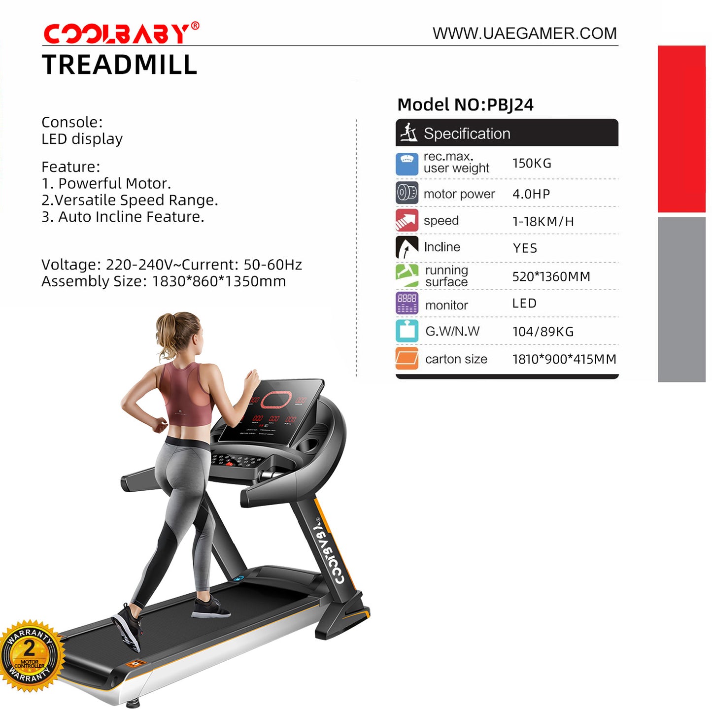 Fitness PBJ24 Treadmill 4HP Peak Motor, Auto Incline, Speed Range1-18 Km, LED Display, 150 Kg User   Weight,Hydraulic Foldable, Inbuilt Speakers