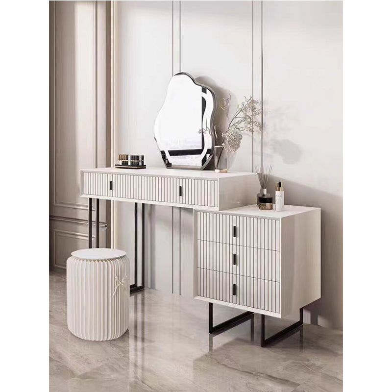 Modern White Vanity Desk with Wavy LED Mirror,Drawers, and Storage - Perfect for Makeup, Study, andConsoles