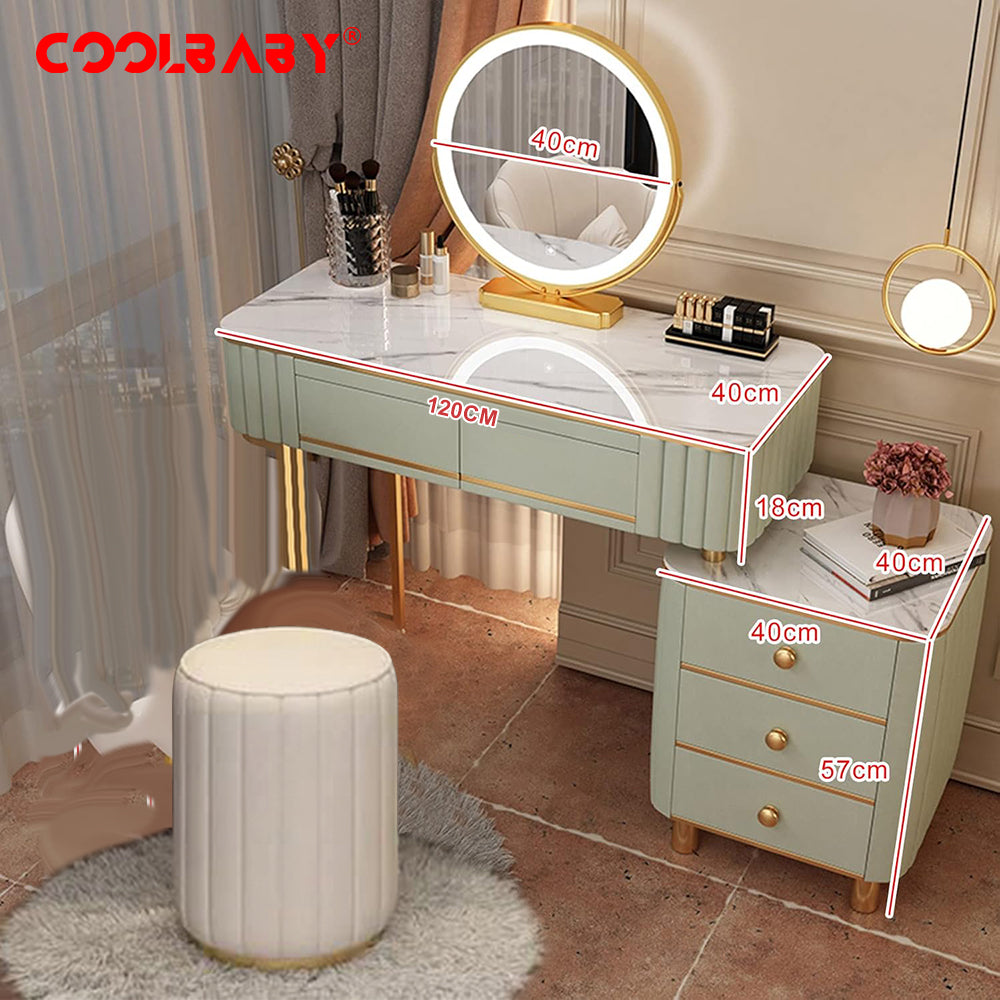 COOLBABY Mint Green Vanity Table Set with LED Mirror and Chair_Elegant Solid Wood Dressing Table