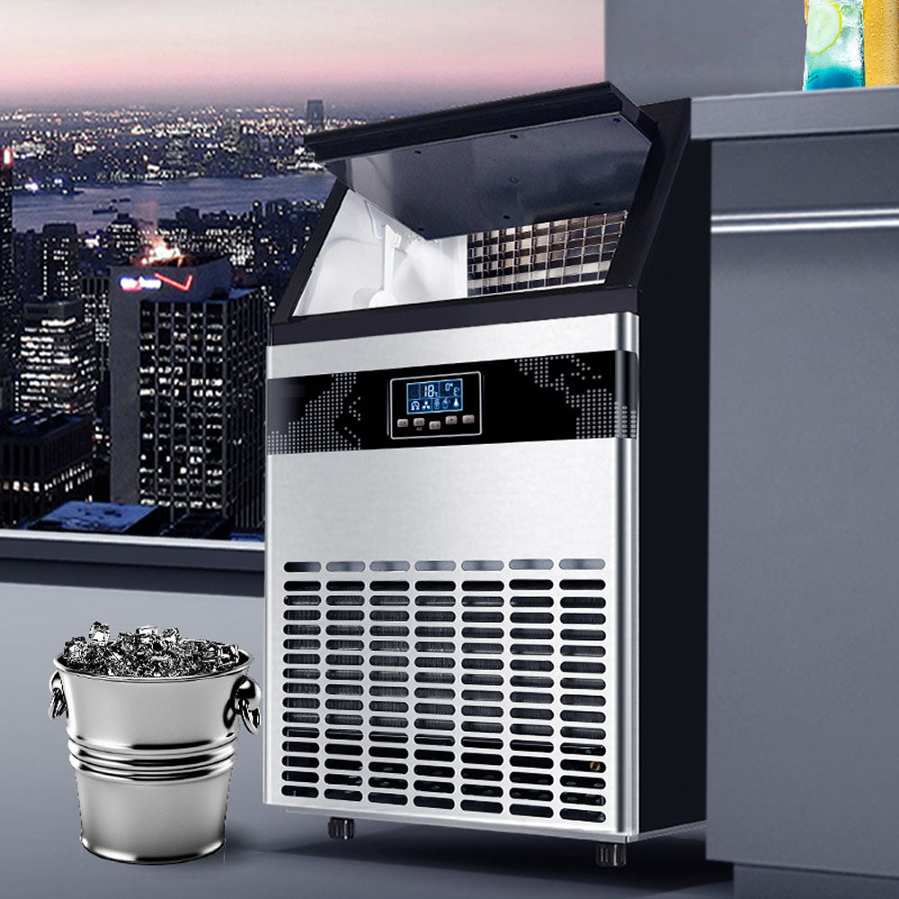 Commercial Ice Maker Machine, 80kg Daily Output, Stainless Steel, LCD Display, Automatic Water Supply, 300W, 15kg Ice Storage Capacity
