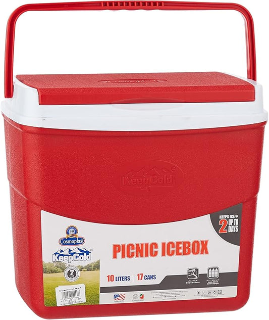 30L Plastic Picnic Cooler Icebox Lunchbox Red – Portable Insulated Cooler with 6-Day Ice Retention