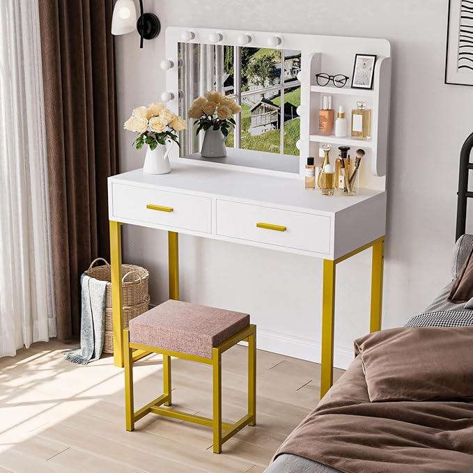 Vanity Desk with Mirror, With Chair and 10 LED Lights, with 2 Big Drawers and Side Shelves for Storage - COOLBABY