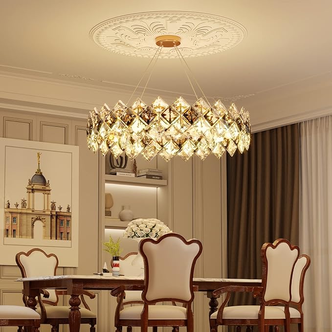 Round Crystal Chandelier: 80cm LED Pendant Light with 3 Color Settings for Décor - COOLBABY